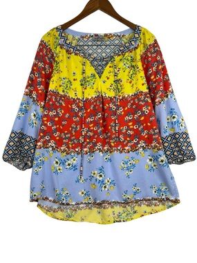 Anthropologie Figueroa & Flower Floral Print  Patchwork Look Boho Blouse XL